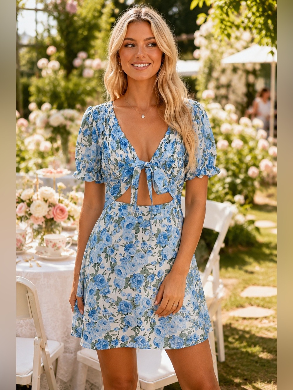 Hello Molly Blue Floral Cutout Tie Front Mini Dress Puff Sleeve NWT 8 M Coquette